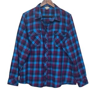 Duluth Trading Co. Flannel Shirt Womens 2XL Blue Burgundy Plaid Long Sleeve